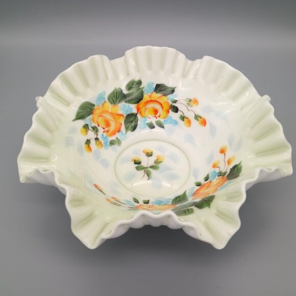 Vintage Ruffled Edge Bridal Bowl with Yellow Rose Floral Pattern Milk Glass Dish - Picture 2 of 6